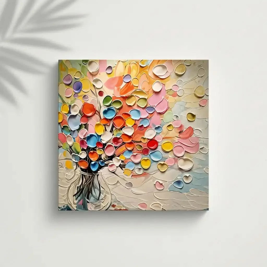 Bouquet abstrait de coeurs en relief multicolores dans un vase; rose, jaune, bleu, vert; atmosphère joyeuse pour salon.