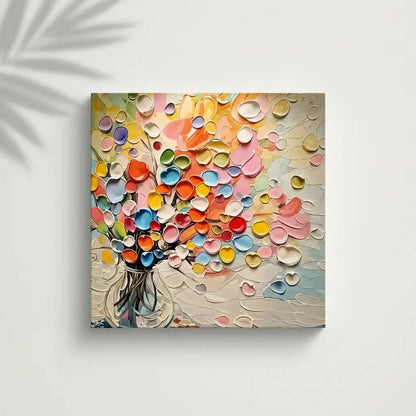 Bouquet abstrait de coeurs en relief multicolores dans un vase; rose, jaune, bleu, vert; atmosphère joyeuse pour salon.