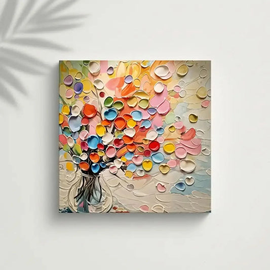 Bouquet abstrait de coeurs en relief multicolores dans un vase; rose, jaune, bleu, vert; atmosphère joyeuse pour salon.