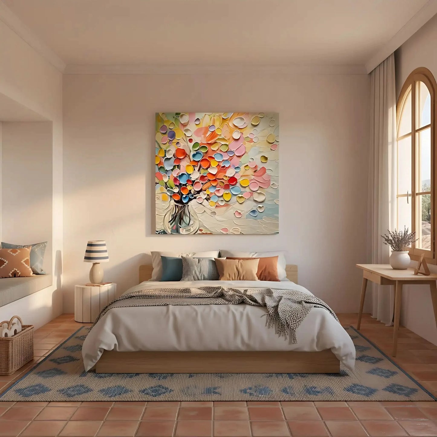 Bouquet abstrait de coeurs en relief multicolores dans un vase; rose, jaune, bleu, vert; atmosphère joyeuse pour salon.