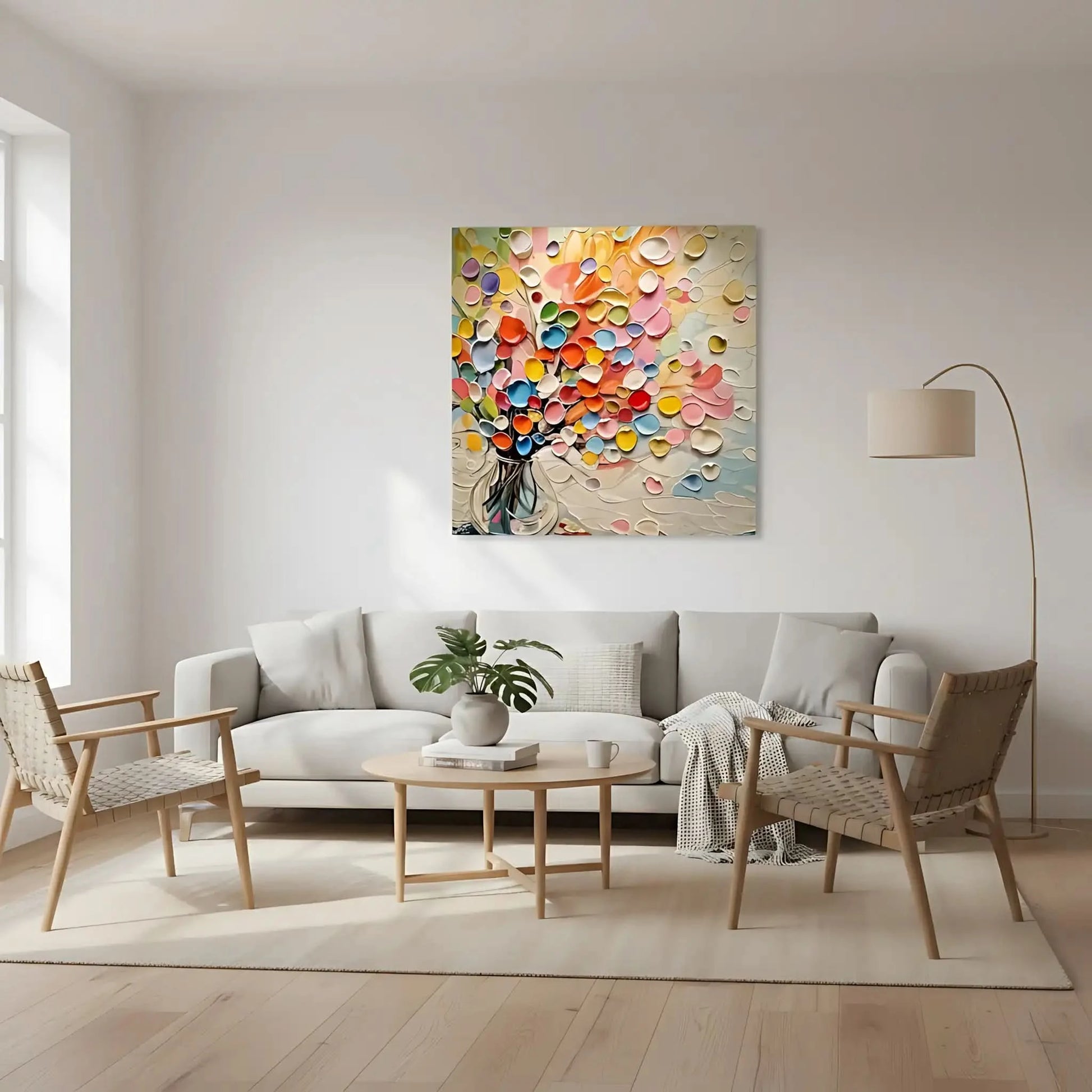 Bouquet abstrait de coeurs en relief multicolores dans un vase; rose, jaune, bleu, vert; atmosphère joyeuse pour salon.