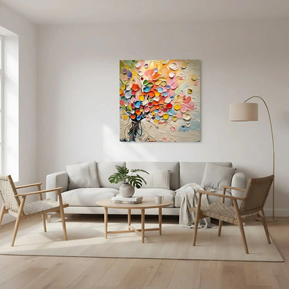 Bouquet abstrait de coeurs en relief multicolores dans un vase; rose, jaune, bleu, vert; atmosphère joyeuse pour salon.