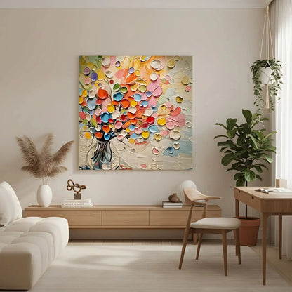 Bouquet abstrait de coeurs en relief multicolores dans un vase; rose, jaune, bleu, vert; atmosphère joyeuse pour salon.