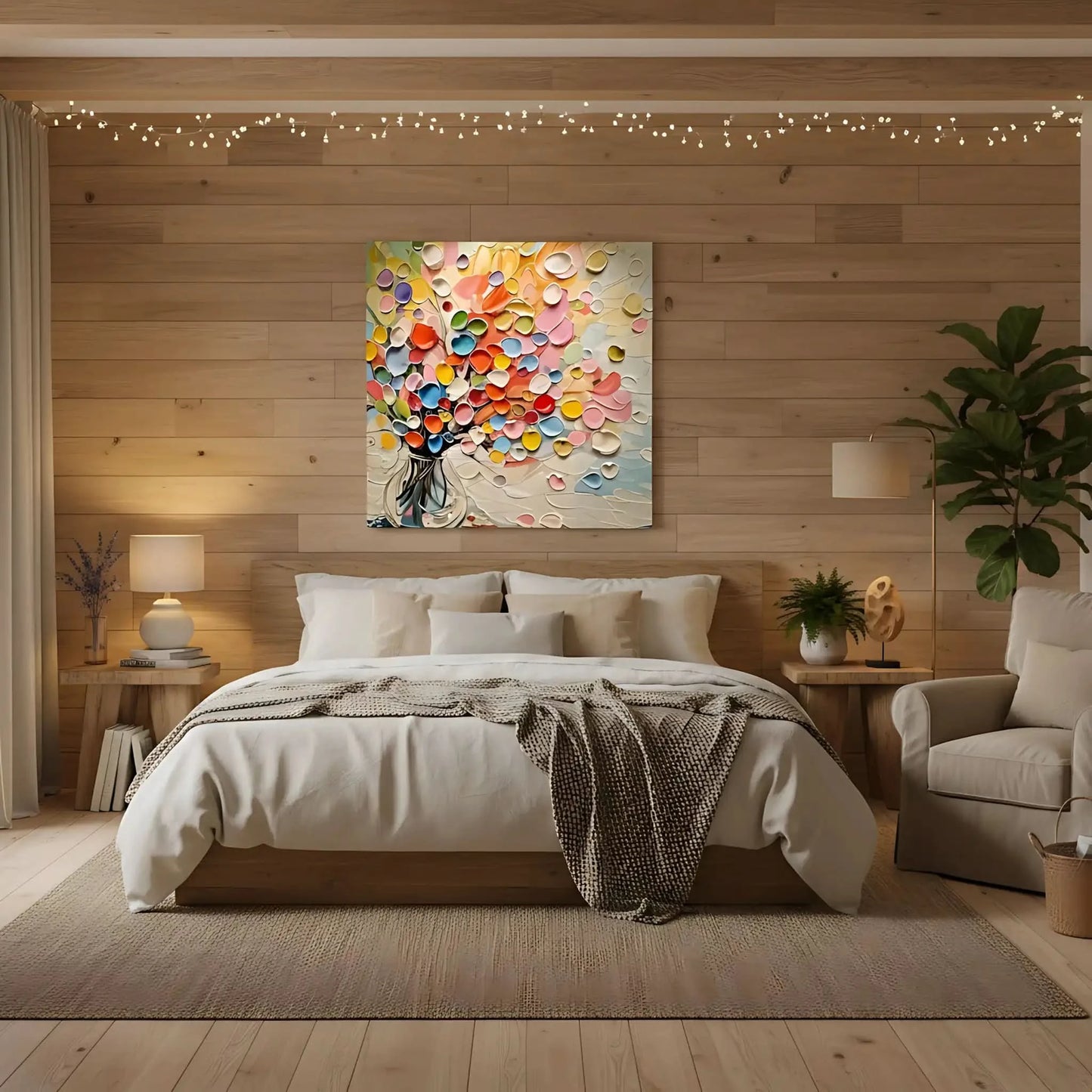 Bouquet abstrait de coeurs en relief multicolores dans un vase; rose, jaune, bleu, vert; atmosphère joyeuse pour salon.