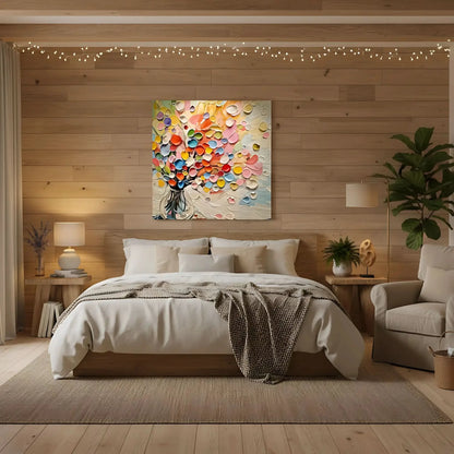 Bouquet abstrait de coeurs en relief multicolores dans un vase; rose, jaune, bleu, vert; atmosphère joyeuse pour salon.