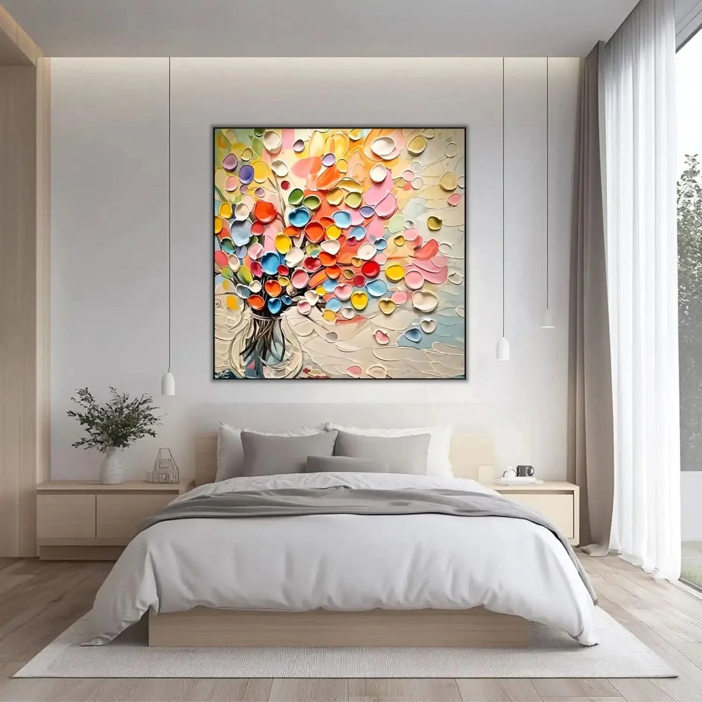 Bouquet abstrait de cœurs en relief multicolores dans un vase; rose, jaune, bleu, vert; atmosphère joyeuse pour salon.