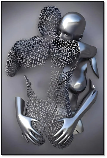 Deux corps métalliques enlacés, argenté lisse et maille grise, dans un tableau abstrait symbolisant l'intimité mystérieuse.