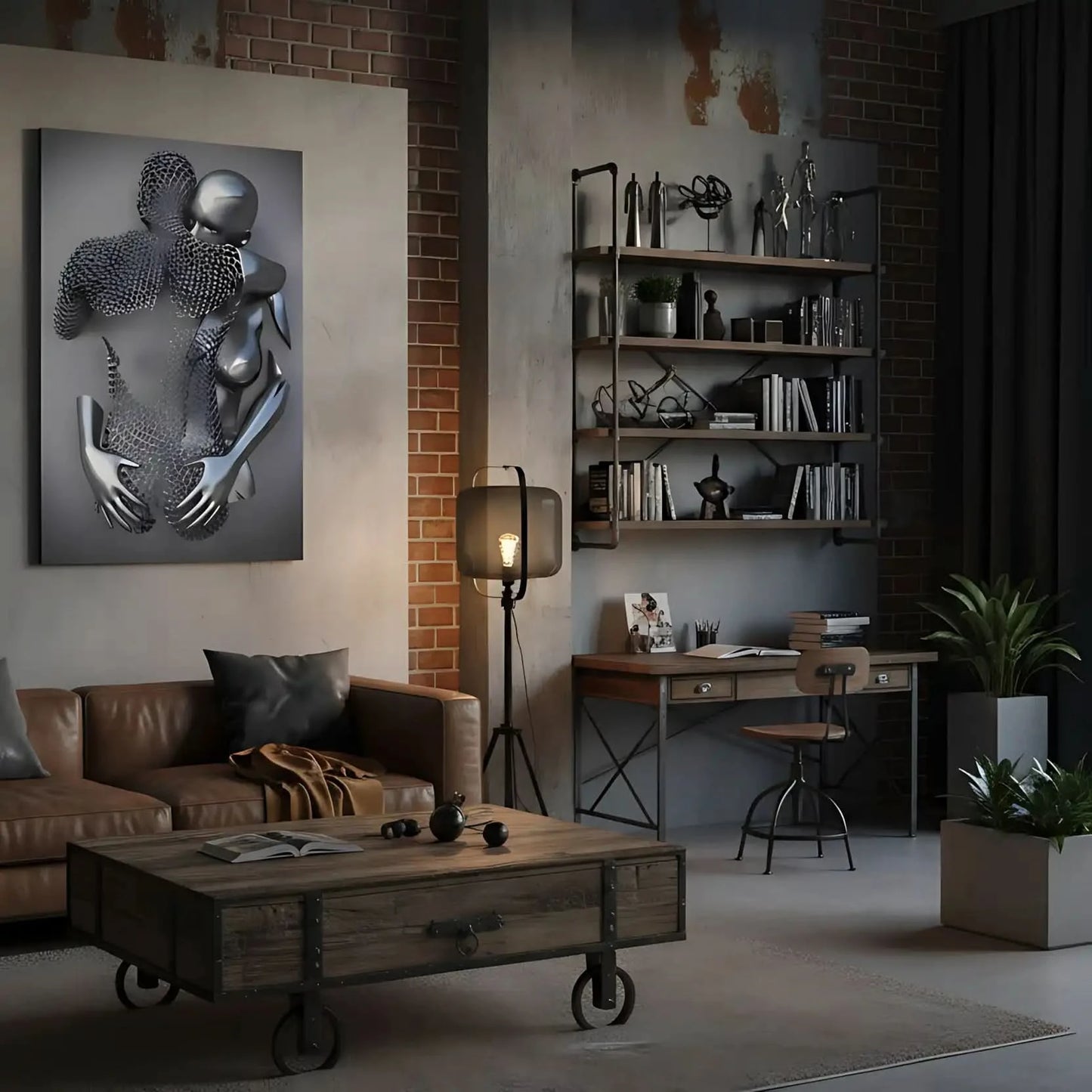 Deux corps métalliques enlacés, argenté lisse et maille grise, dans un tableau abstrait symbolisant l'intimité mystérieuse.