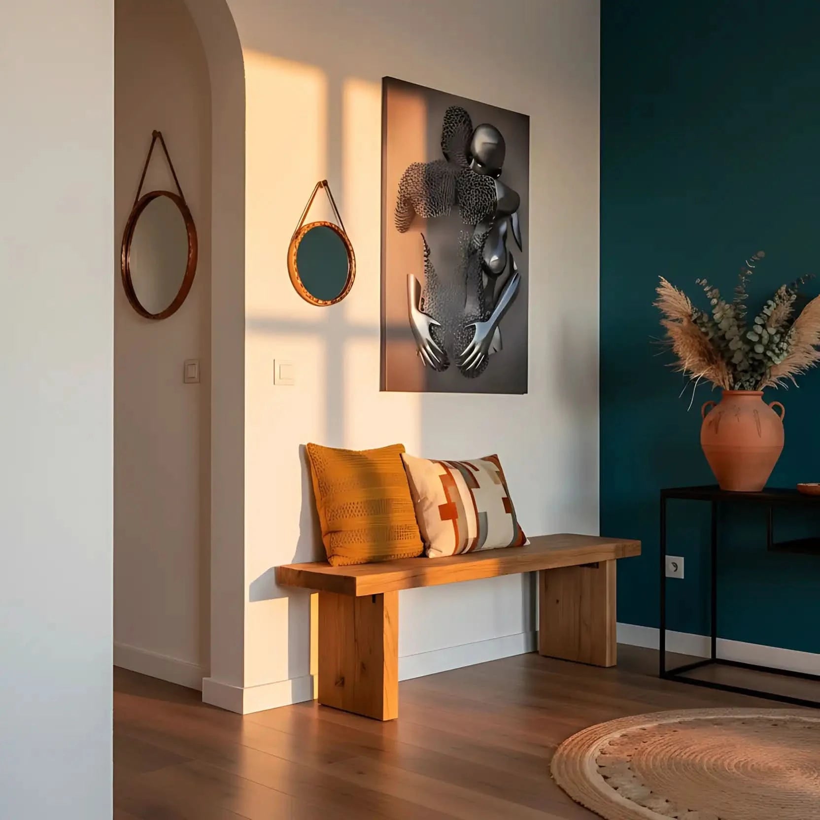 Deux corps métalliques enlacés, argenté lisse et maille grise, dans un tableau abstrait symbolisant l'intimité mystérieuse.