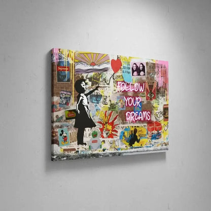 Street art avec graffitis colorés, personnage en noir et blanc, ballon rouge, ambiance urbaine et dynamique pour salon modern.