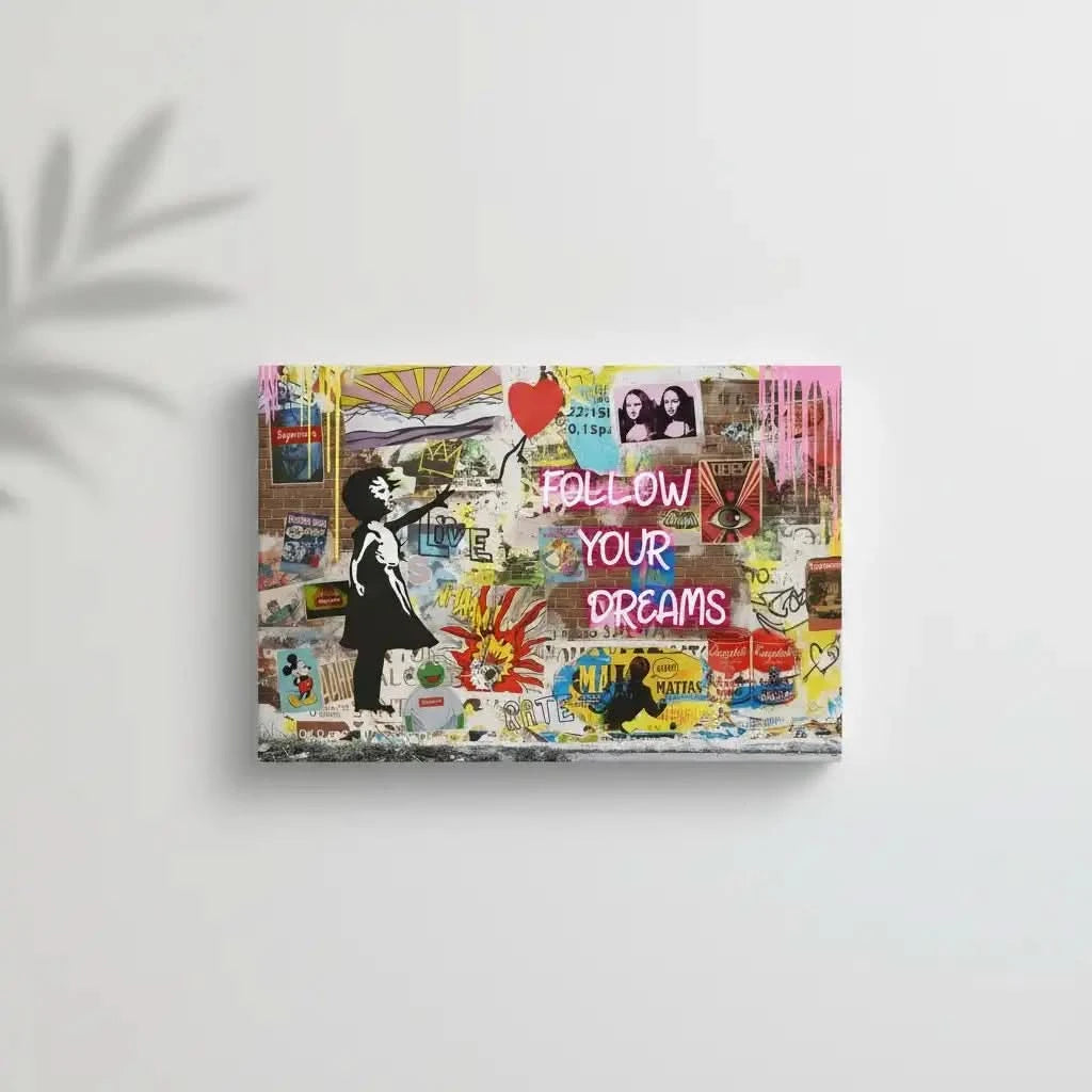 Street art avec graffitis colorés, personnage en noir et blanc, ballon rouge, ambiance urbaine et dynamique pour salon modern.