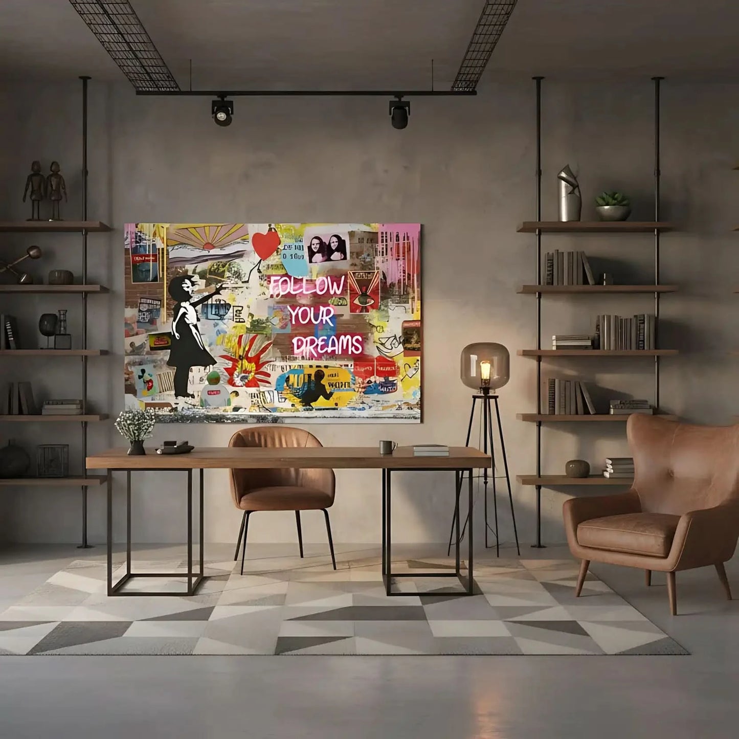 Street art avec graffitis colorés, personnage en noir et blanc, ballon rouge, ambiance urbaine et dynamique pour salon modern.