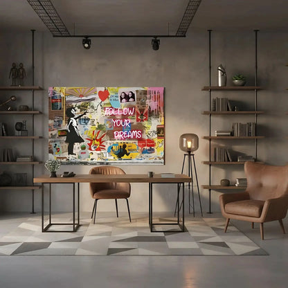 Street art avec graffitis colorés, personnage en noir et blanc, ballon rouge, ambiance urbaine et dynamique pour salon modern.