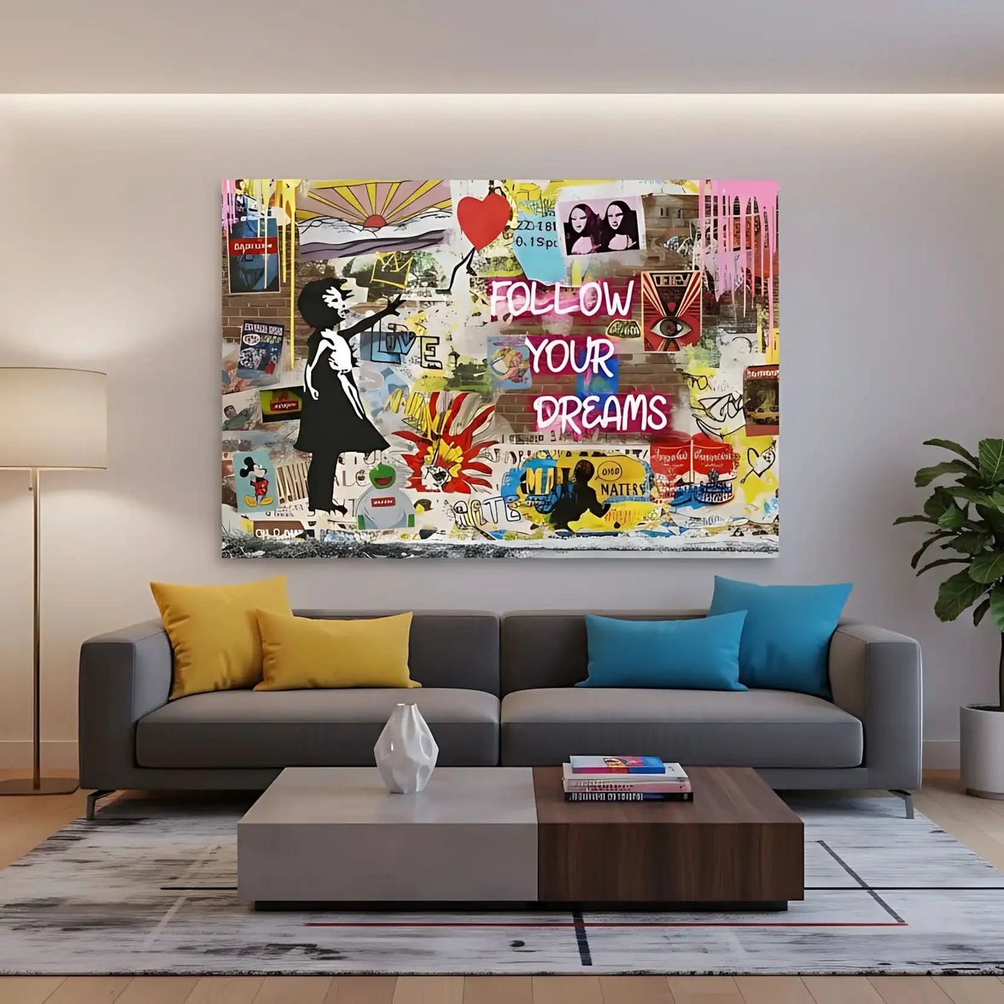 Street art avec graffitis colorés, personnage en noir et blanc, ballon rouge, ambiance urbaine et dynamique pour salon modern.