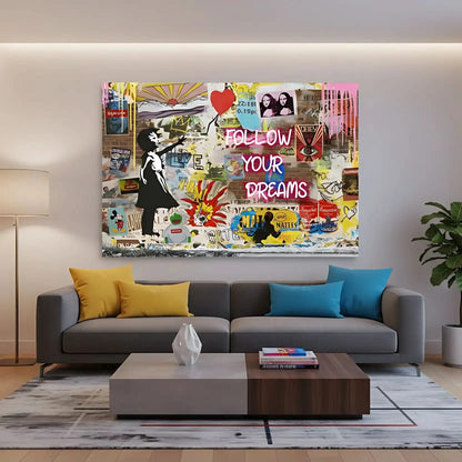 Street art avec graffitis colorés, personnage en noir et blanc, ballon rouge, ambiance urbaine et dynamique pour salon modern.