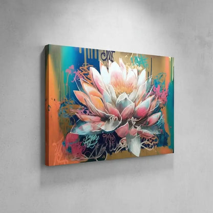 Fleur majestueuse aux pétales rose et bleu, entourée de couleurs vibrantes, créant une ambiance sereine et dynamique pour salon.