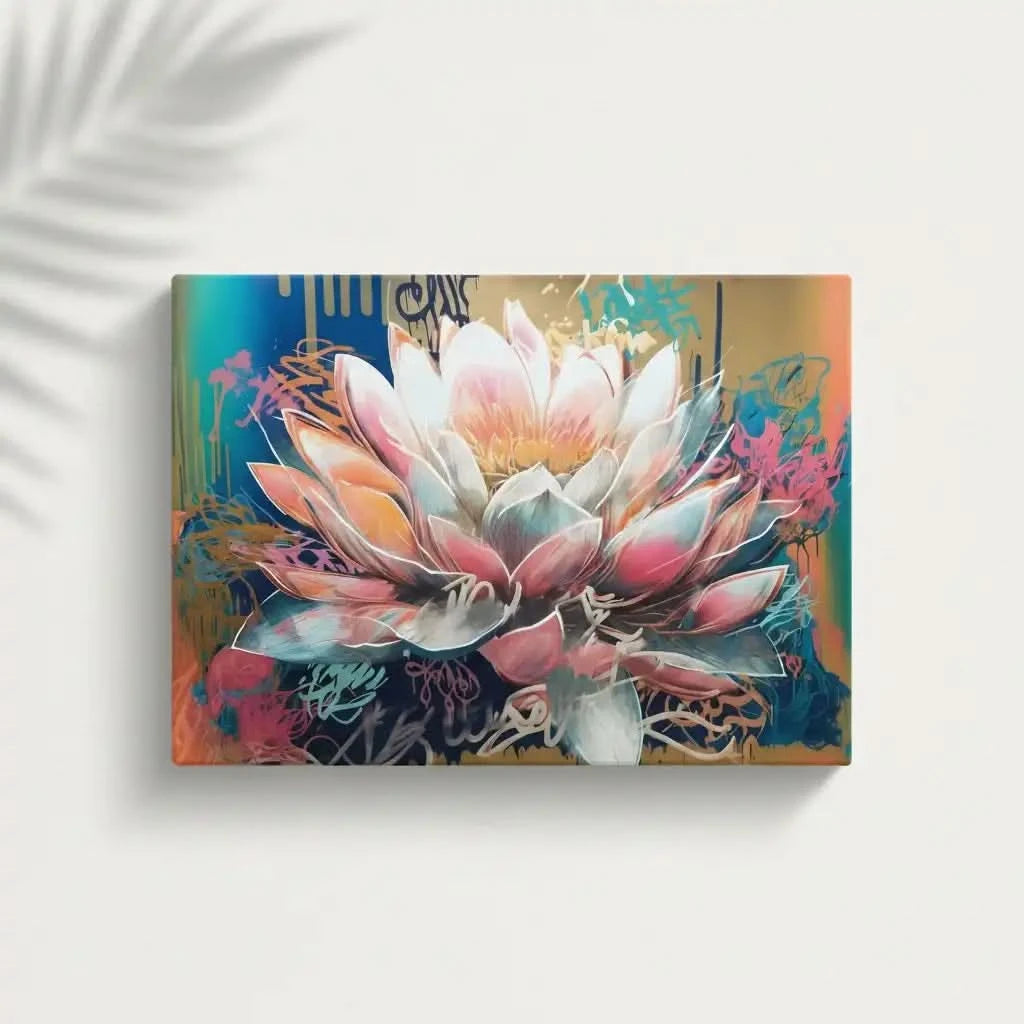 Fleur majestueuse aux pétales rose et bleu, entourée de couleurs vibrantes, créant une ambiance sereine et dynamique pour salon.