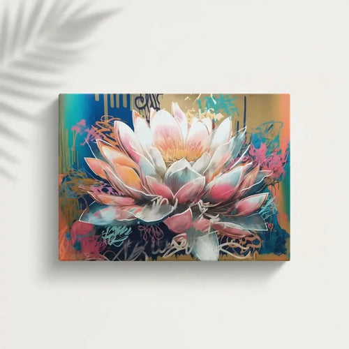 Fleur majestueuse aux pétales rose et bleu, entourée de couleurs vibrantes, créant une ambiance sereine et dynamique pour salon.