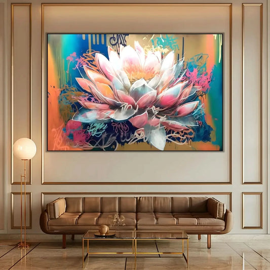 Fleur majestueuse aux pétales rose et bleu, entourée de couleurs vibrantes, créant une ambiance sereine et dynamique pour salon.