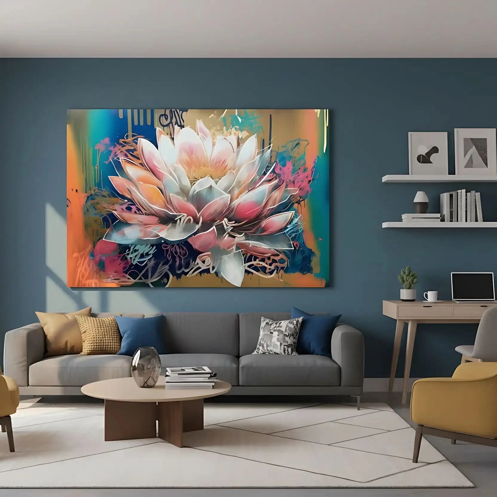 Fleur majestueuse aux pétales rose et bleu, entourée de couleurs vibrantes, créant une ambiance sereine et dynamique pour salon.