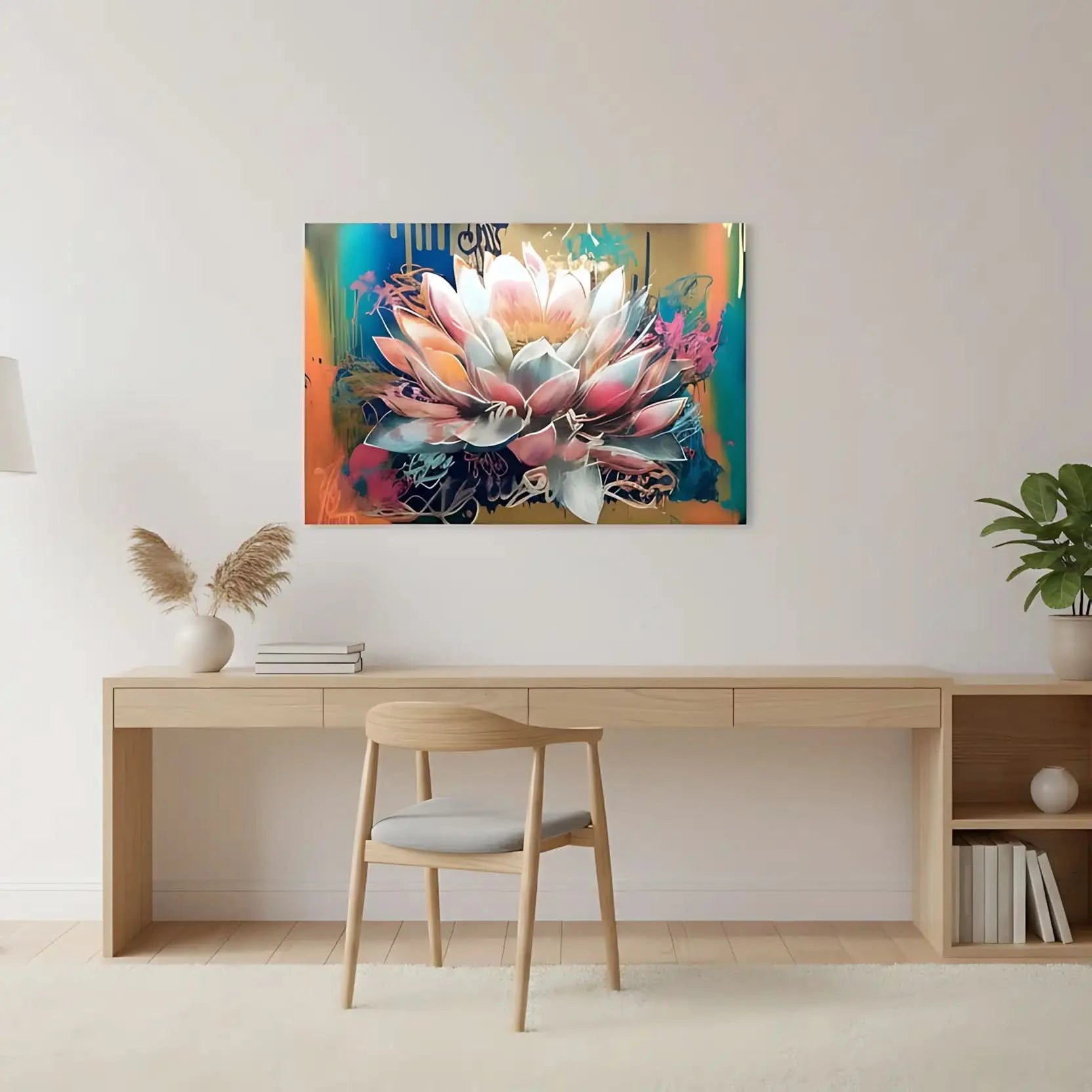 Fleur majestueuse aux pétales rose et bleu, entourée de couleurs vibrantes, créant une ambiance sereine et dynamique pour salon.