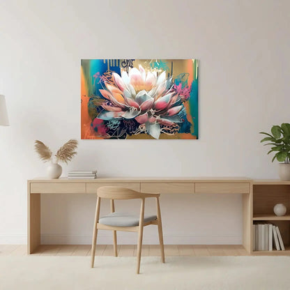 Fleur majestueuse aux pétales rose et bleu, entourée de couleurs vibrantes, créant une ambiance sereine et dynamique pour salon.