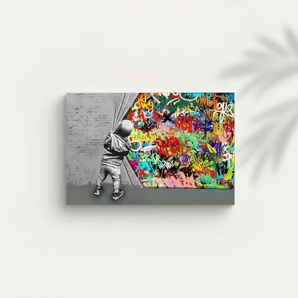 Enfant découvrant un monde de graffitis multicolores, contraste noir et blanc, ambiance dynamique pour salon moderne.