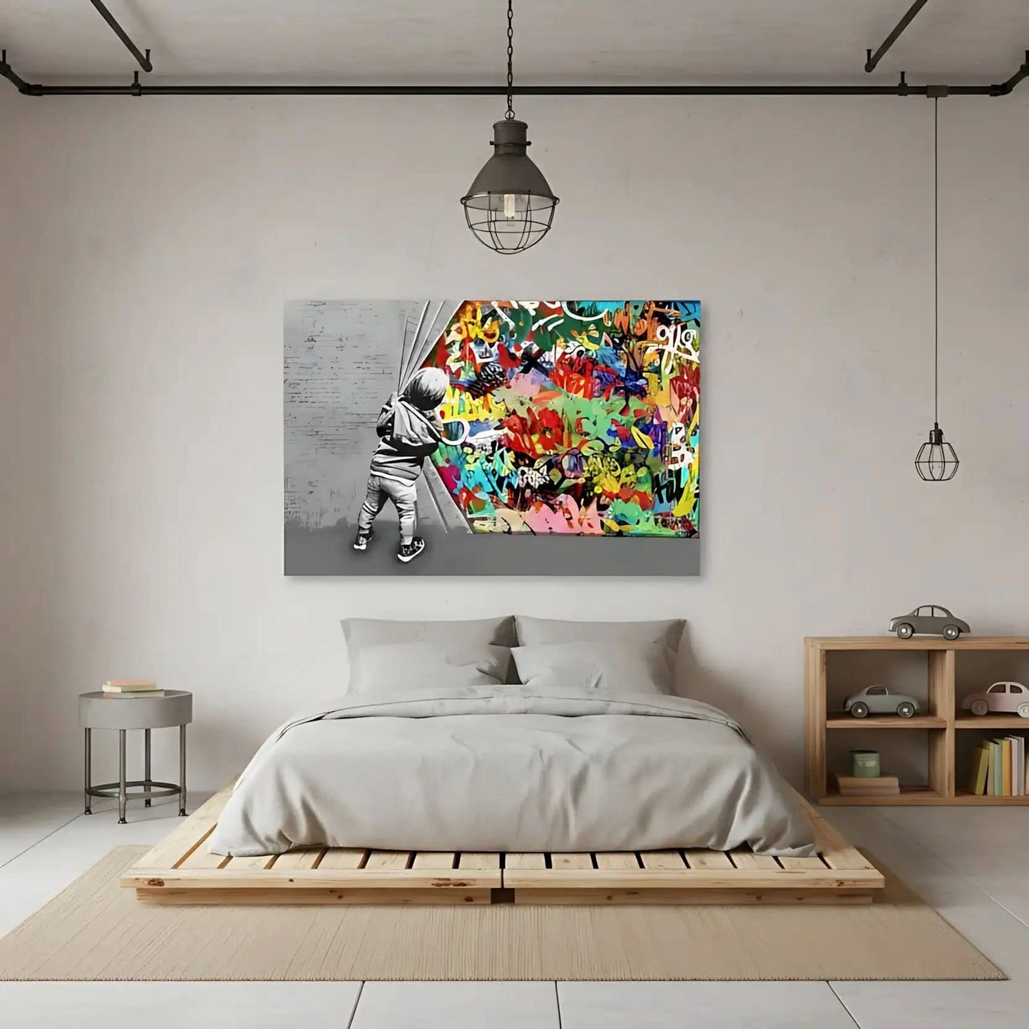 Enfant découvrant un monde de graffitis multicolores, contraste noir et blanc, ambiance dynamique pour salon moderne.