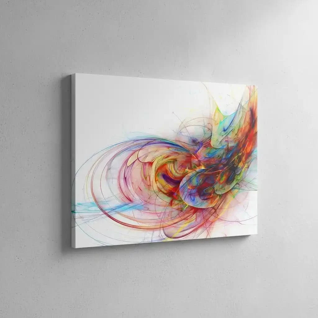 Oeuvre abstraite avec tourbillon de couleurs vives, rouges flamboyants, bleus profonds et jaunes éclatants, pour salon moderne.