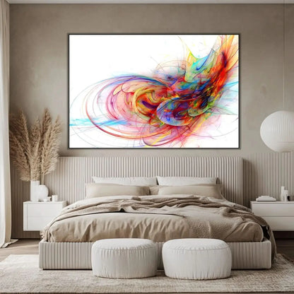 Œuvre abstraite avec tourbillon de couleurs vives, rouges flamboyants, bleus profonds et jaunes éclatants, pour salon moderne.