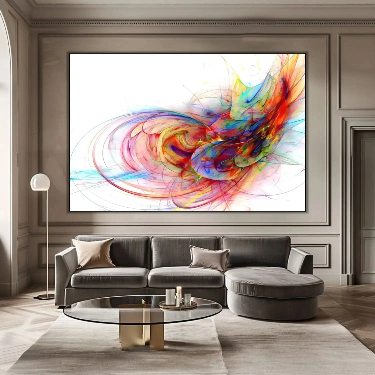 Œuvre abstraite avec tourbillon de couleurs vives, rouges flamboyants, bleus profonds et jaunes éclatants, pour salon moderne.