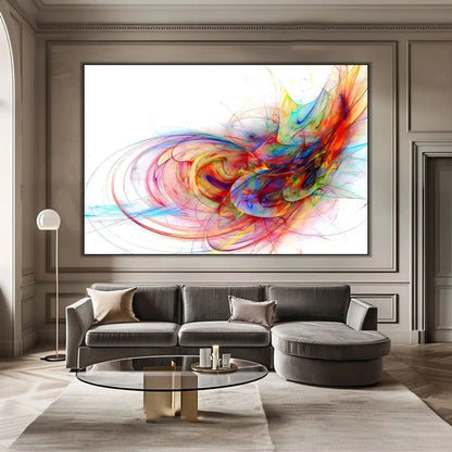 Œuvre abstraite avec tourbillon de couleurs vives, rouges flamboyants, bleus profonds et jaunes éclatants, pour salon moderne.
