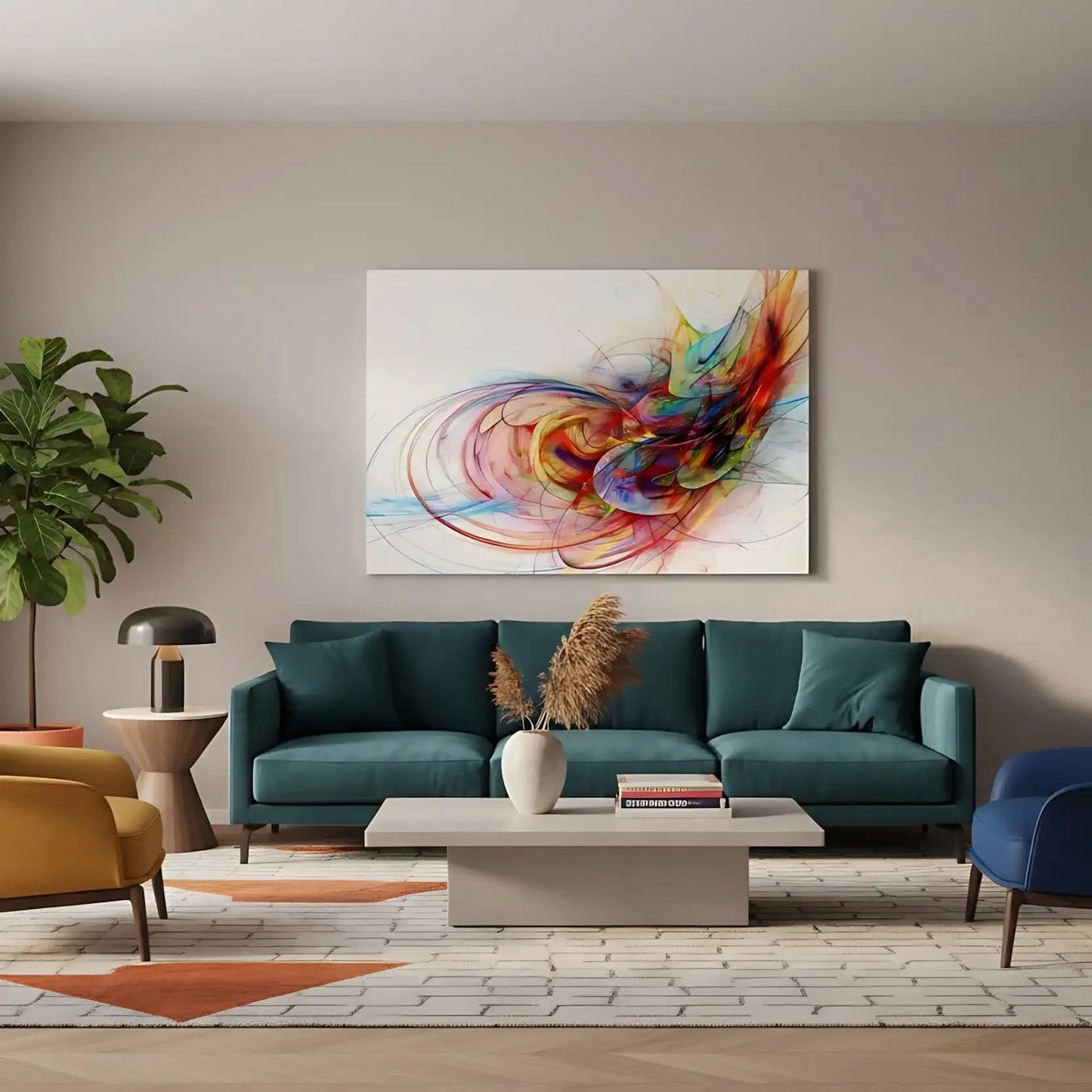 Oeuvre abstraite avec tourbillon de couleurs vives, rouges flamboyants, bleus profonds et jaunes éclatants, pour salon moderne.