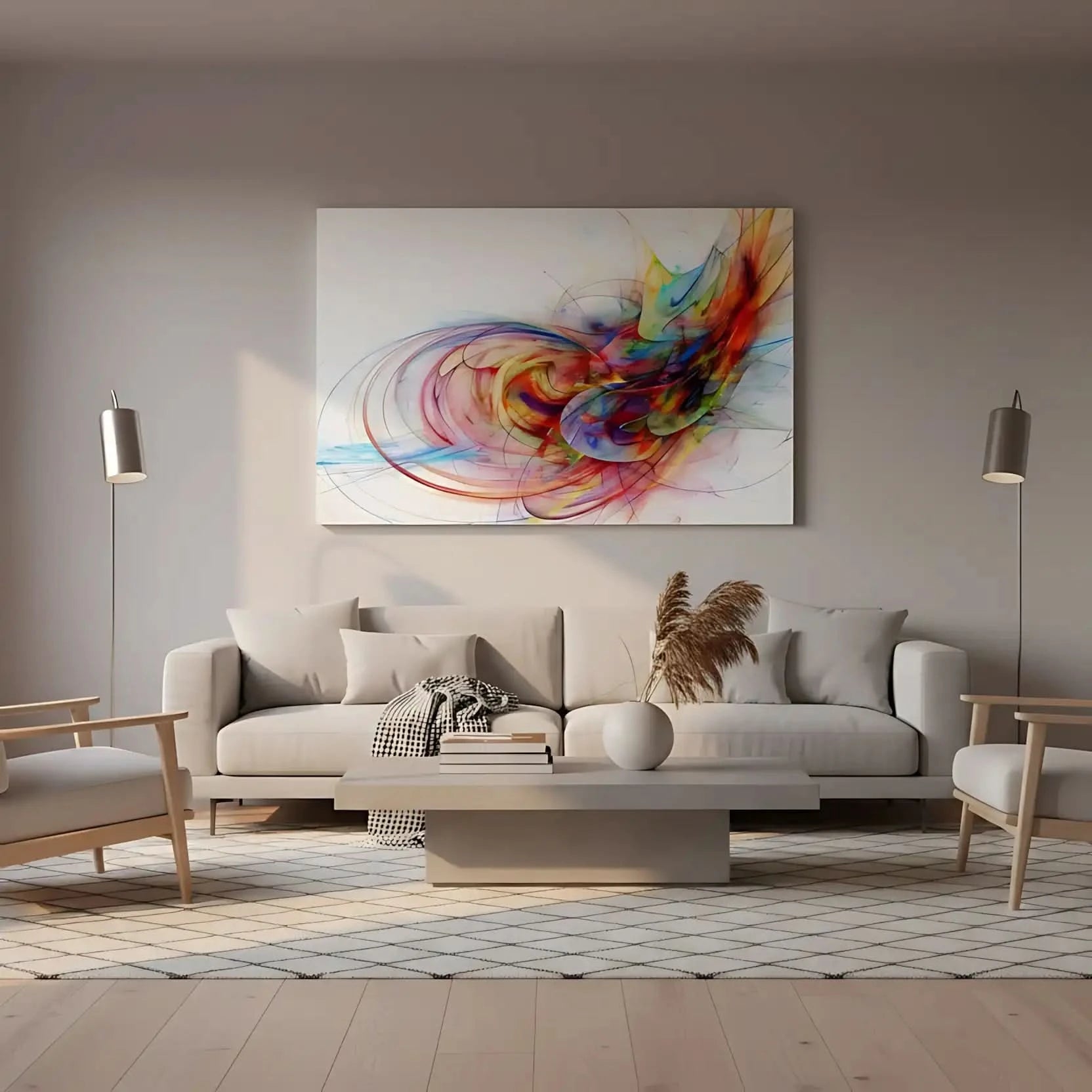 Oeuvre abstraite avec tourbillon de couleurs vives, rouges flamboyants, bleus profonds et jaunes éclatants, pour salon moderne.