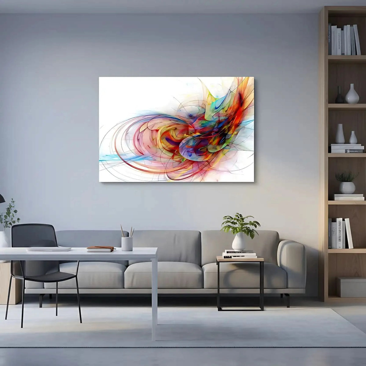 Oeuvre abstraite avec tourbillon de couleurs vives, rouges flamboyants, bleus profonds et jaunes éclatants, pour salon moderne.