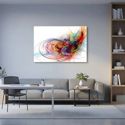 Oeuvre abstraite avec tourbillon de couleurs vives, rouges flamboyants, bleus profonds et jaunes éclatants, pour salon moderne.