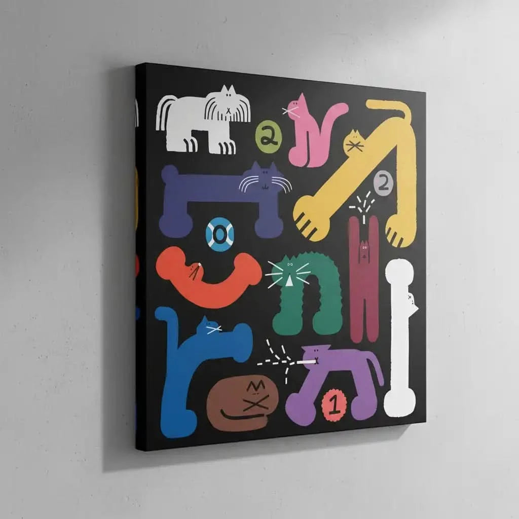 Tableau pop art avec chats stylisés, couleurs vives et formes géométriques, ambiance ludique pour salon ou chambre d'enfant.