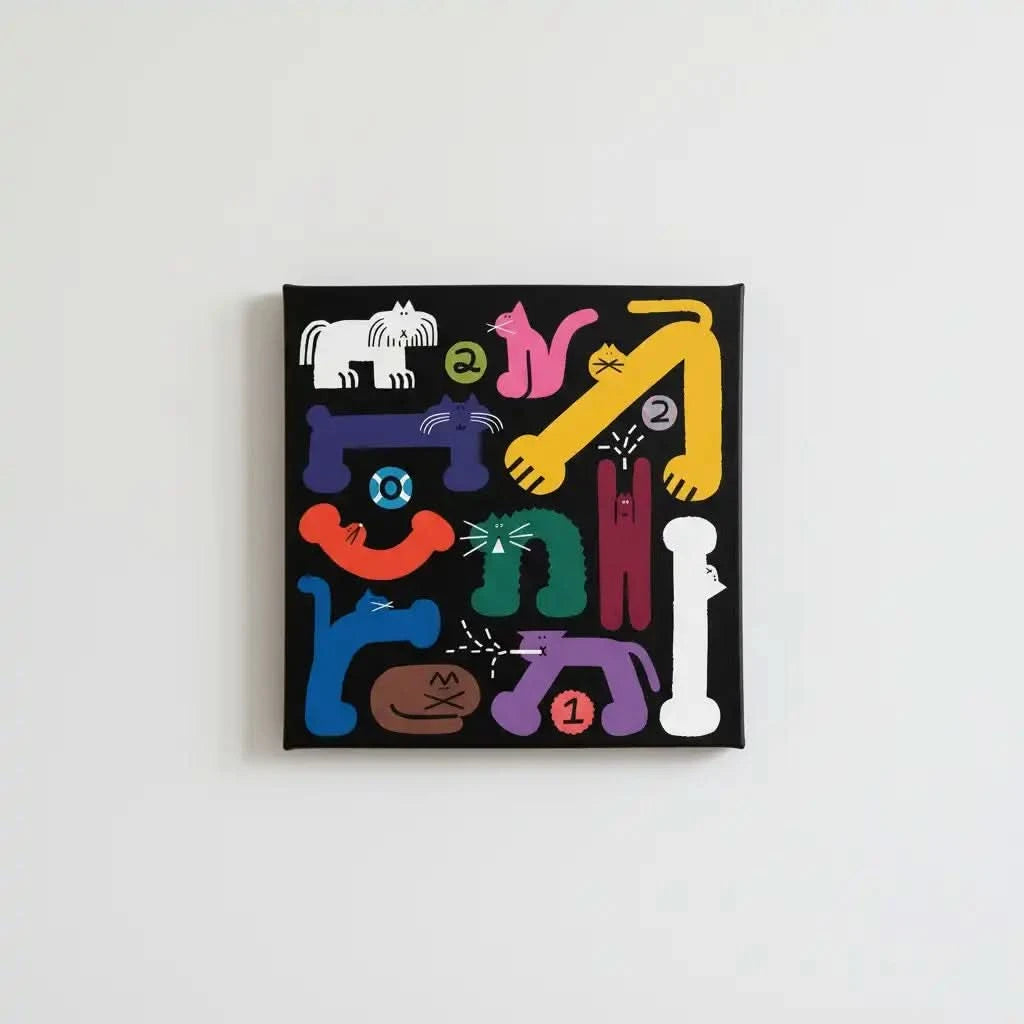 Tableau pop art avec chats stylisés, couleurs vives et formes géométriques, ambiance ludique pour salon ou chambre d'enfant.