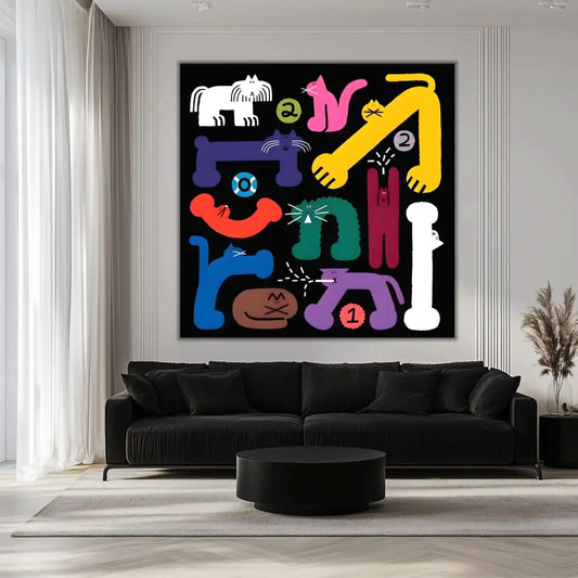 Tableau pop art avec chats stylisés, couleurs vives et formes géométriques, ambiance ludique pour salon ou chambre d'enfant.