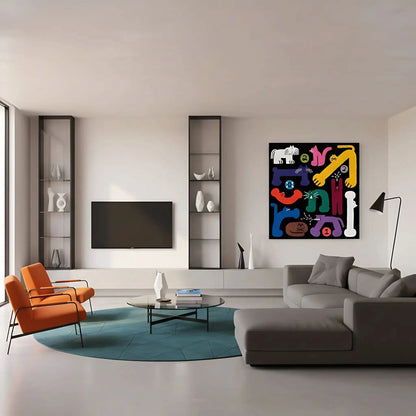 Tableau pop art avec chats stylisés, couleurs vives et formes géométriques, ambiance ludique pour salon ou chambre d'enfant.