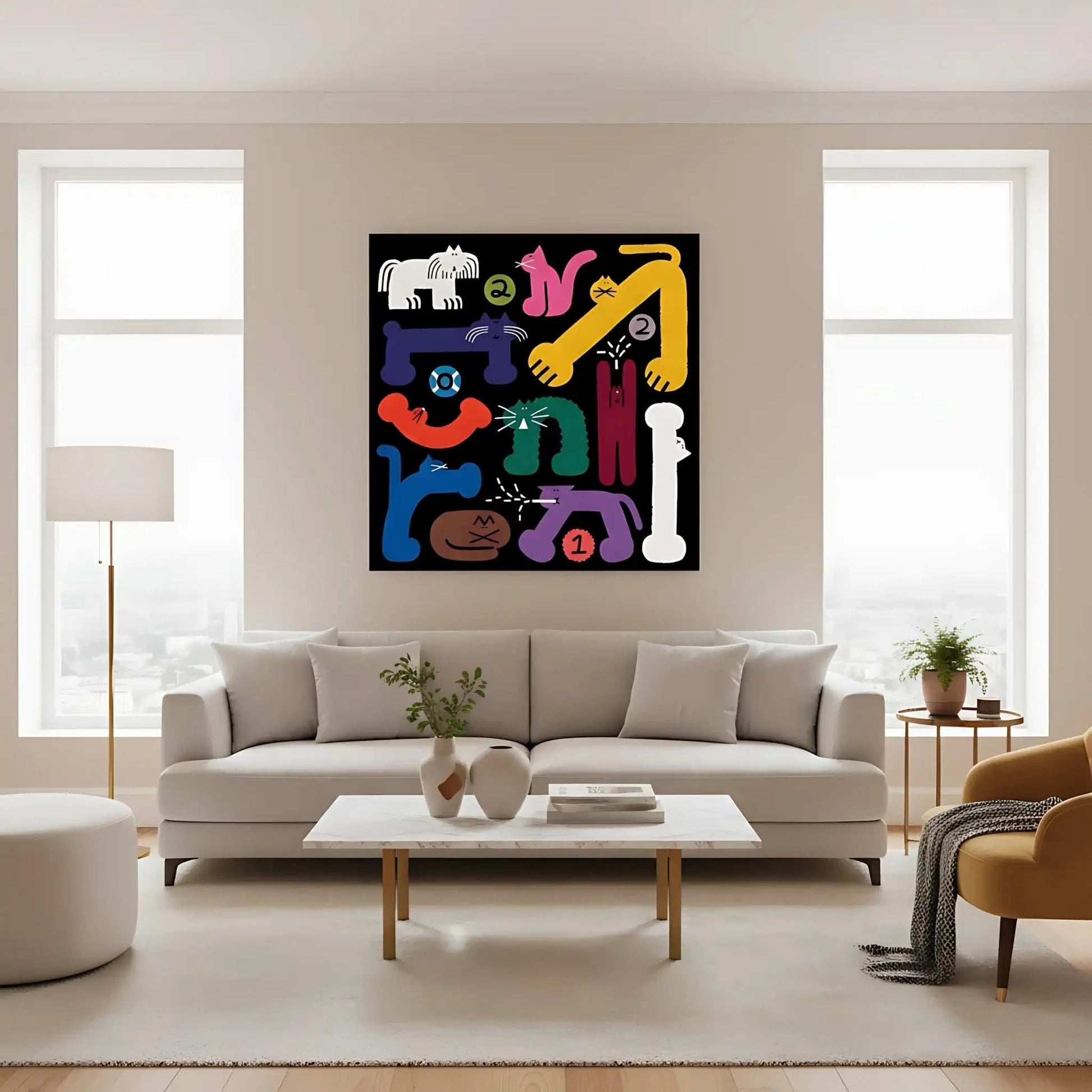 Tableau pop art avec chats stylisés, couleurs vives et formes géométriques, ambiance ludique pour salon ou chambre d'enfant.