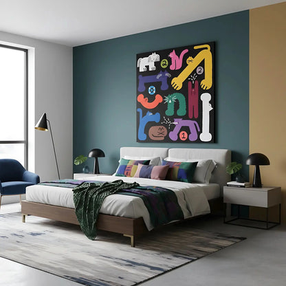 Tableau pop art avec chats stylisés, couleurs vives et formes géométriques, ambiance ludique pour salon ou chambre d'enfant.