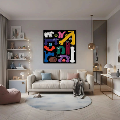 Tableau pop art avec chats stylisés, couleurs vives et formes géométriques, ambiance ludique pour salon ou chambre d'enfant.