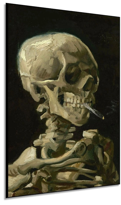 Peinture d'un crâne humain avec cigarette, tons beige et marron sur fond noir, ambiance mystérieuse pour bureau ou salon.