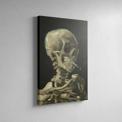 Peinture d'un crâne humain avec cigarette, tons beige et marron sur fond noir, ambiance mystérieuse pour bureau ou salon.