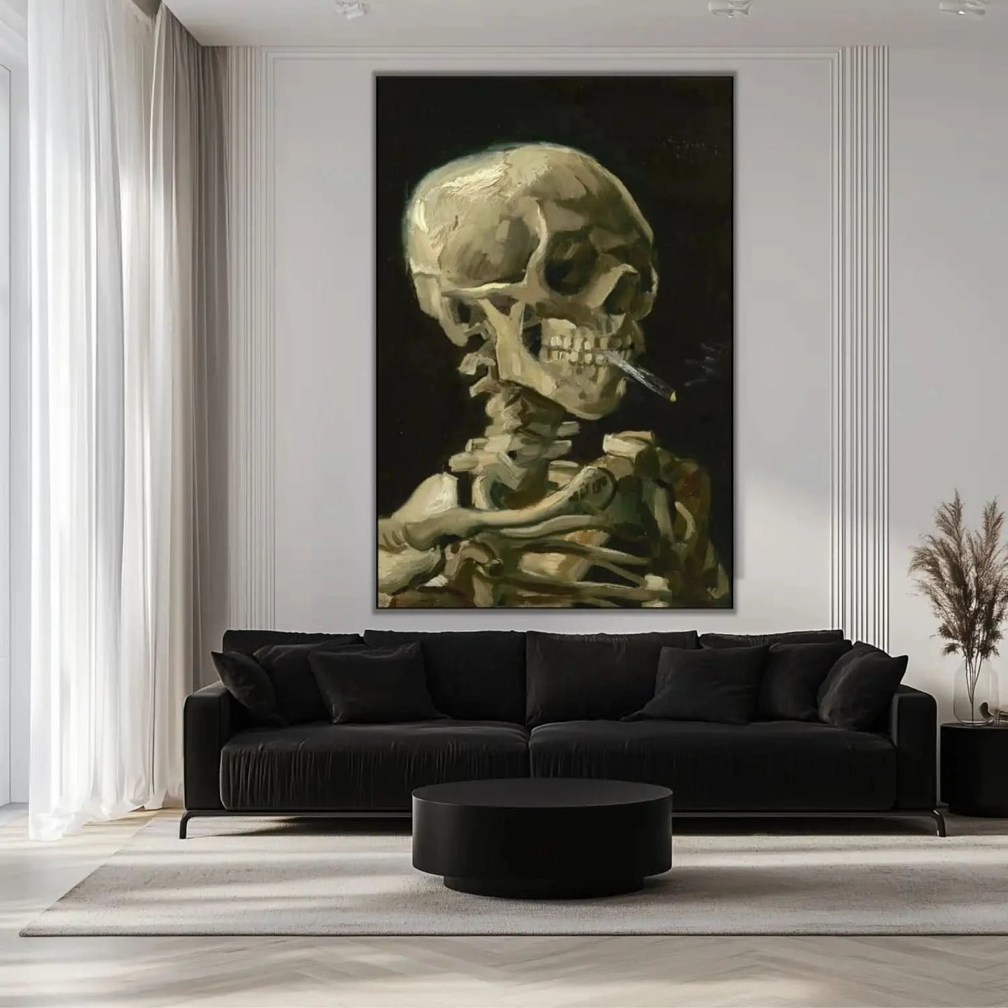 Peinture d'un crâne humain avec cigarette, tons beige et marron sur fond noir, ambiance mystérieuse pour bureau ou salon.