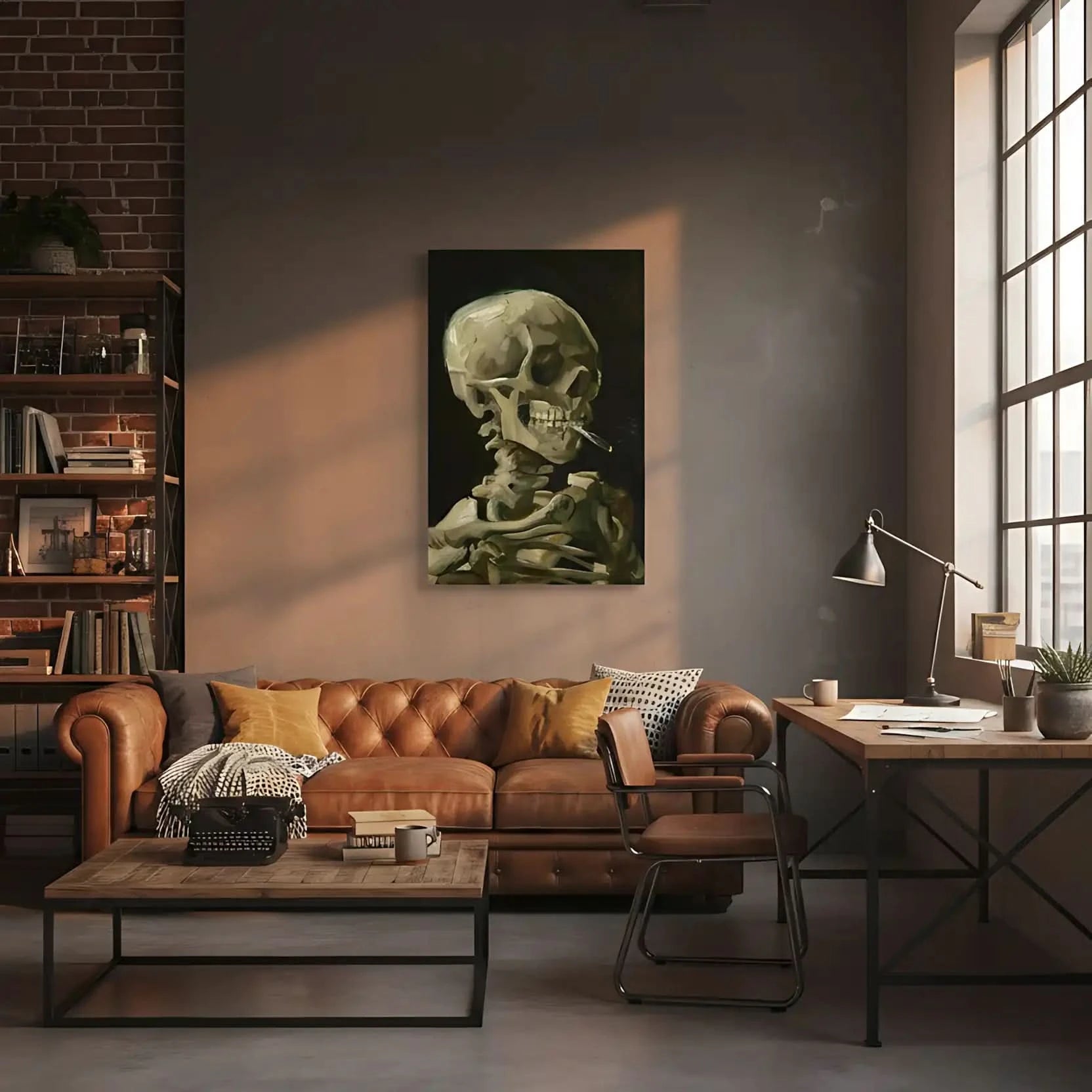 Peinture d'un crâne humain avec cigarette, tons beige et marron sur fond noir, ambiance mystérieuse pour bureau ou salon.