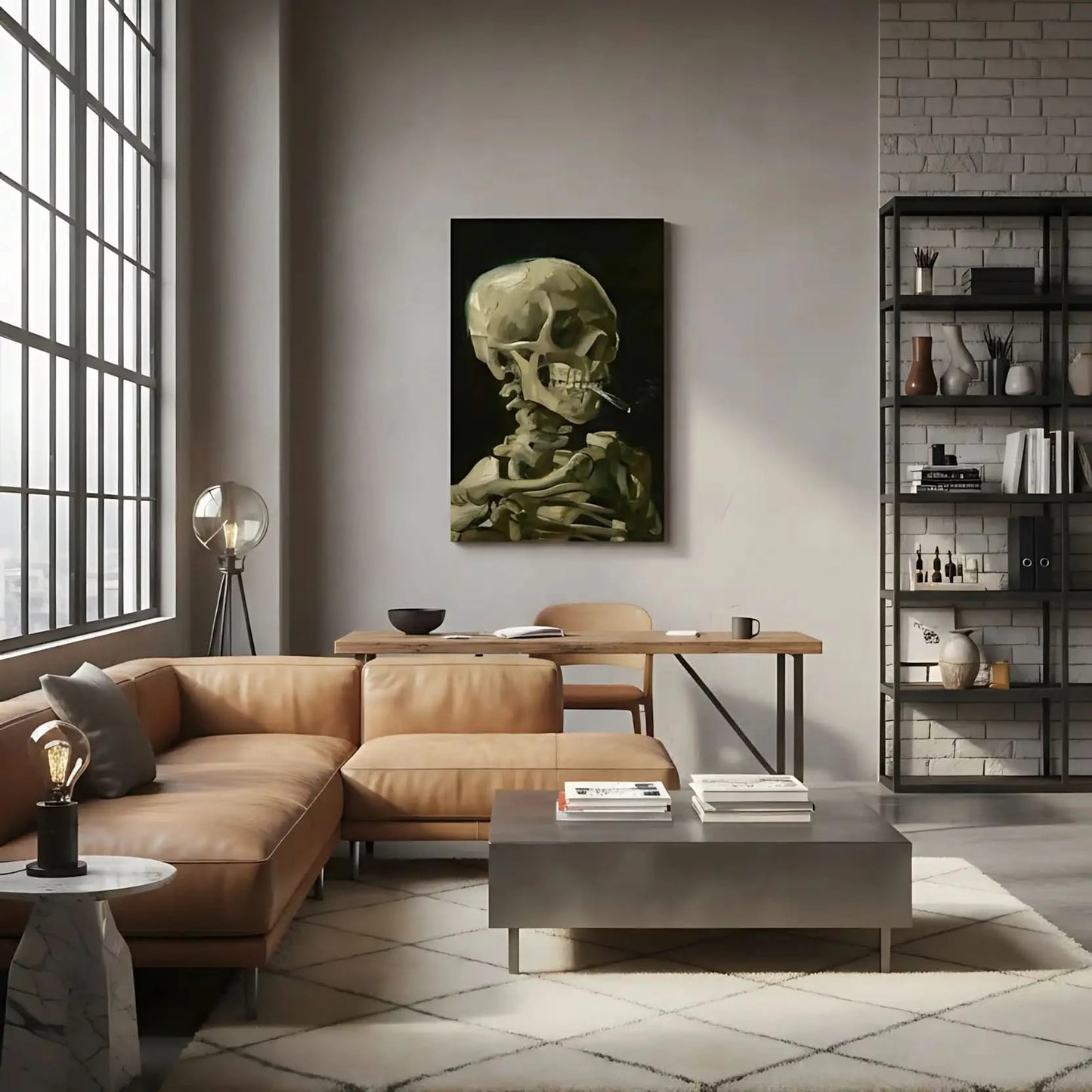 Peinture d'un crâne humain avec cigarette, tons beige et marron sur fond noir, ambiance mystérieuse pour bureau ou salon.