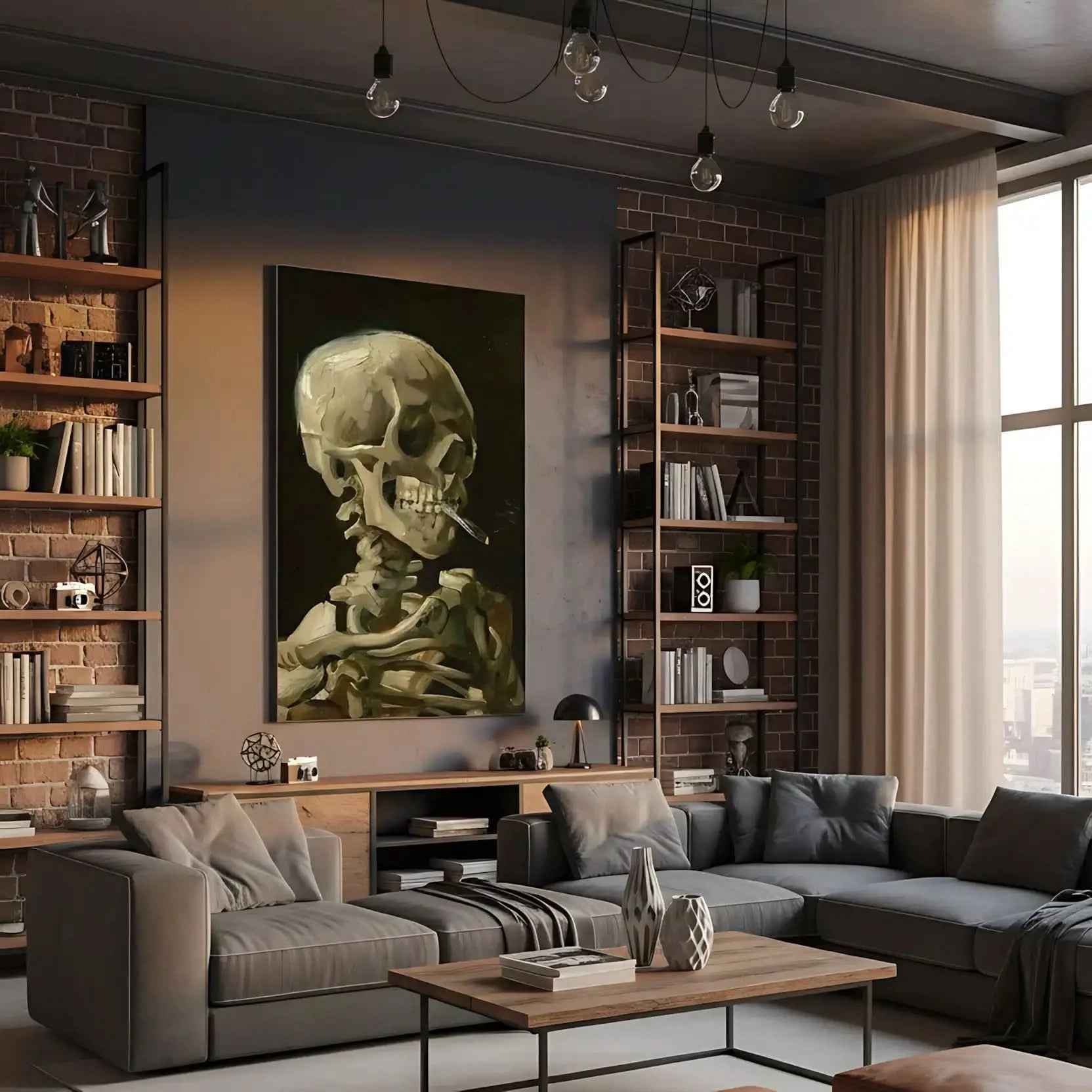 Peinture d'un crâne humain avec cigarette, tons beige et marron sur fond noir, ambiance mystérieuse pour bureau ou salon.
