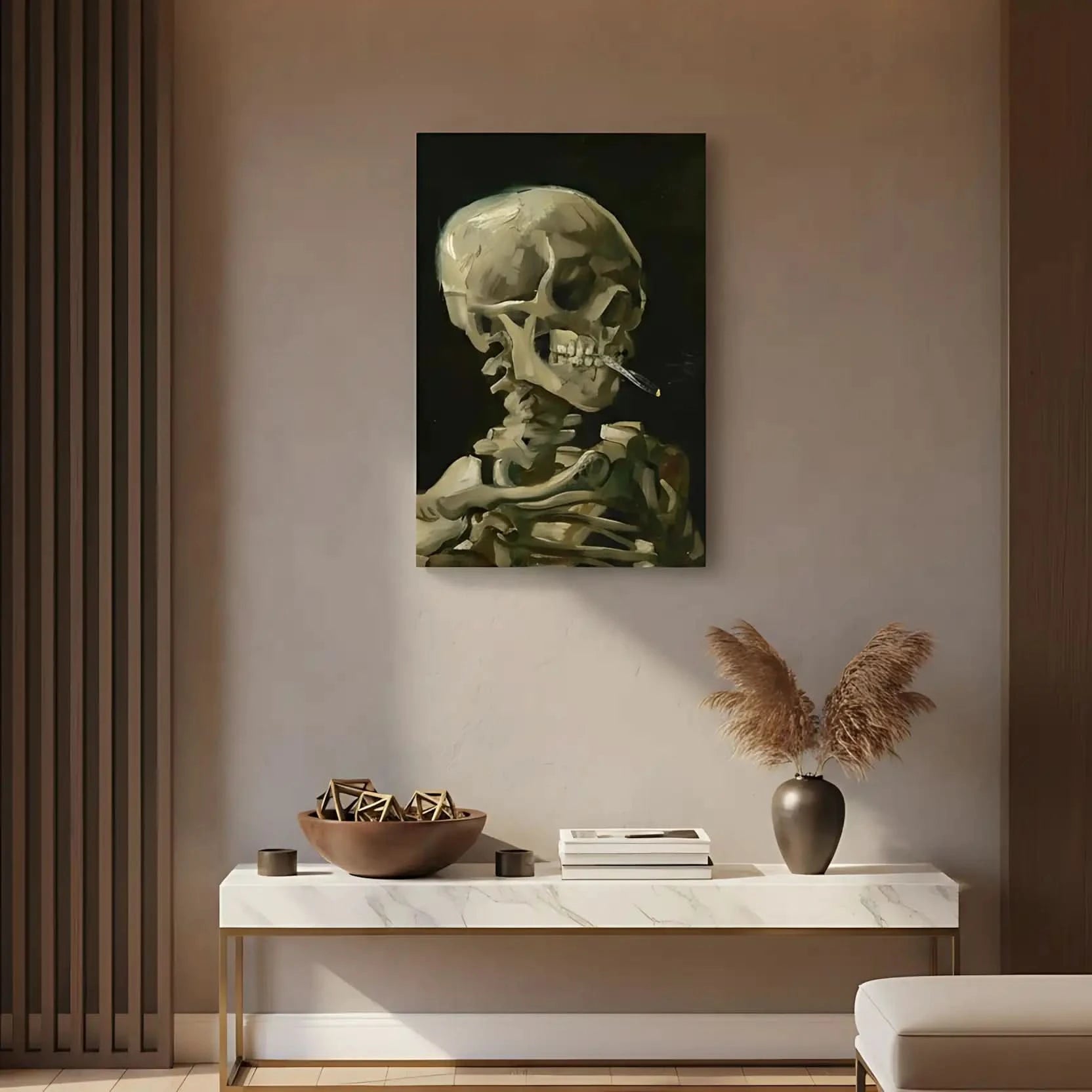 Peinture d'un crâne humain avec cigarette, tons beige et marron sur fond noir, ambiance mystérieuse pour bureau ou salon.